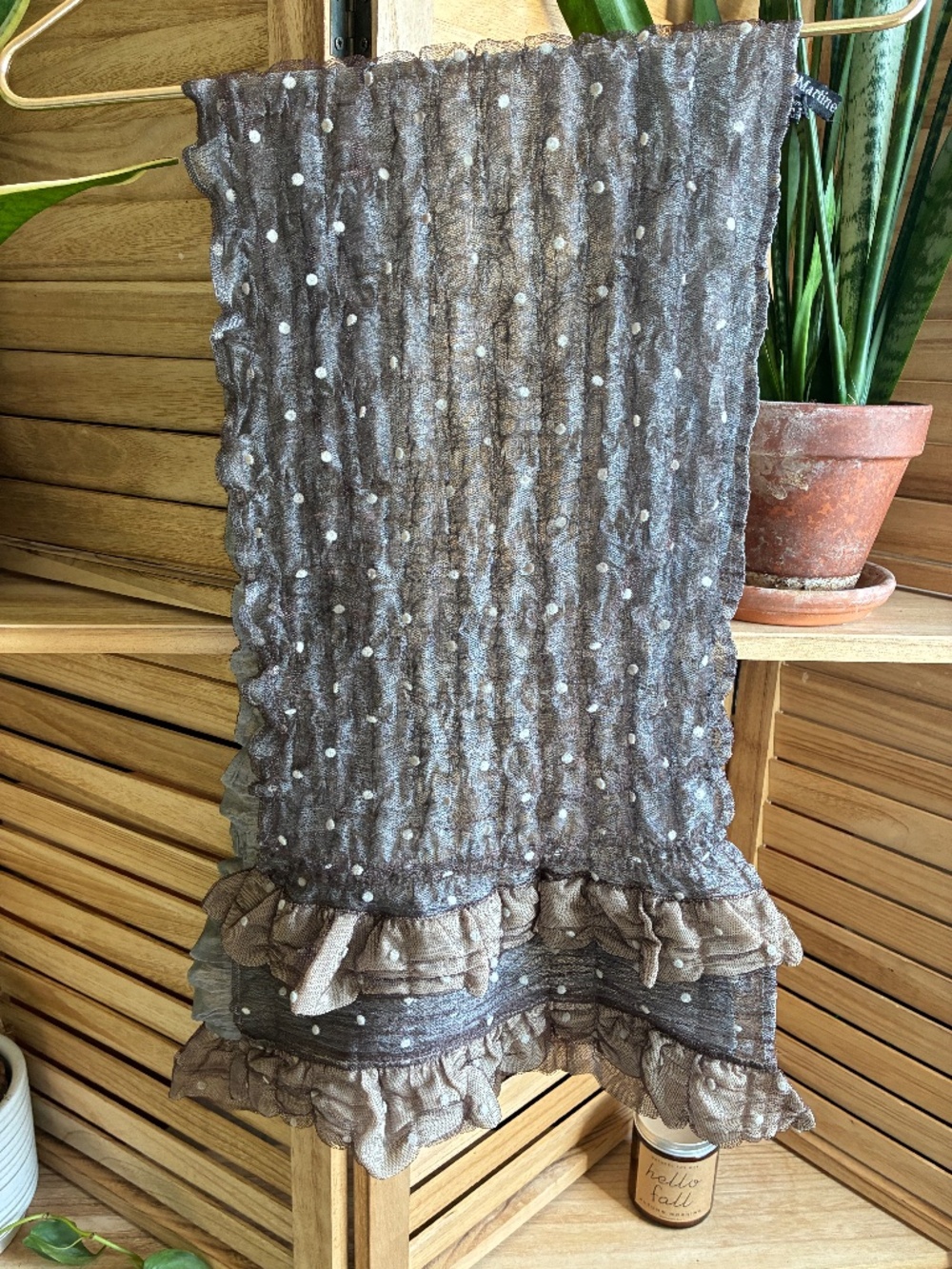 Martine Boissy Sheer Polka Dot Ruched Scarf Brown White Mesh Vintage French